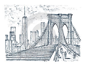 Historical architecture with buildings, perspective view. Vintage Landscape. Brooklyn Bridge, New York. Engraved hand