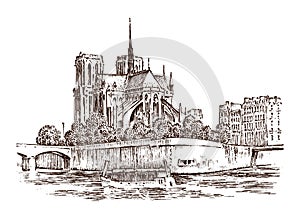 Historical architecture with buildings, perspective view. Vintage Landscape. Notre-Dame de Paris. Engraved hand drawn in