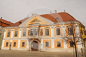 Historical baroque downtown.Street view with typical baroque houses. Gyor, Hungary.