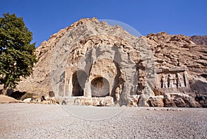 Historical bas-relief in ancient Arches of Taq-e Bostan from the era of Sassanid Empire of Persia.