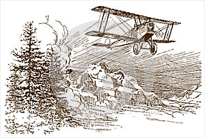 Historical biplane aircraft flying over a mountaineous region with trees