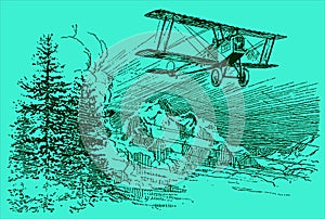 Historical biplane aircraft flying over a mountaineous region with trees on a blue-green background