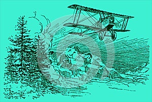 Historical biplane aircraft flying over a mountaineous region with trees on a blue-green background photo