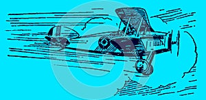 Historical biplane flying at high speed on a blue background