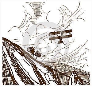 Historical biplane flying over a mountaineous landscape with trees