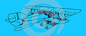 Historical biplane seaplane flying away. Illustration on a blue background after a lithography from the early 20th century