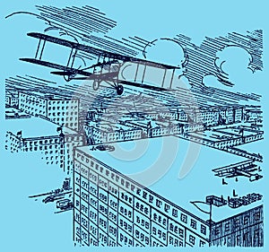 Historical biplane seaplane flying away. Illustration on a blue-grey background after a lithography from the early 20th century