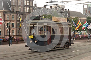 Historical Blue tram A327 from museum on the Kneuterdijk