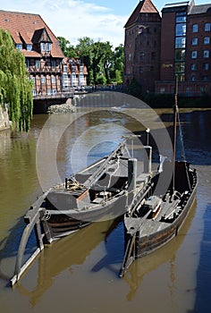 Historical Boats and Buildings in the Old Town of Lueneburg, Lower Saxony