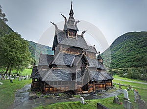 Historical Borgund stave church in Norway. A medieval christian church.
