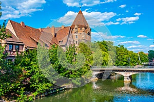 Historical brick houses on shore of river Pegnitz in Central Nur