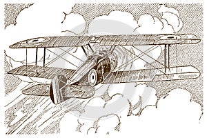 Historical british single-engine tractor one-seat biplane in back view, flying towards huge cumulus clouds