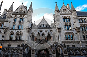 Historical building and entrance of Royal Courts of Justice in London ,England.