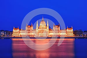 The historical building of Hungarian Parliament during the blue