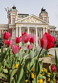 The historical building of Ivan Vazov National Theatre in the capital city of Bulgaria in spring, general view