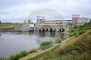 The historical building of the Rybinsk hydroelectric power station on the Volga River built in the 30s of the 20th century