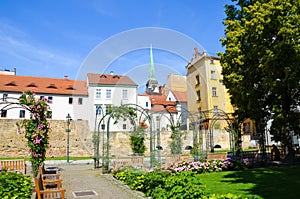 Historical buildings in city center with Cathedral of St. Bartholomew photographed from adjacent green park in Krizikovy sady,