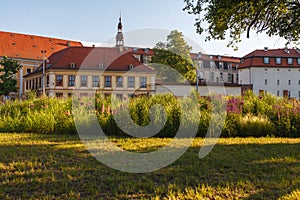 Historical buildings over green grass lawn with flowers in Wroclaw