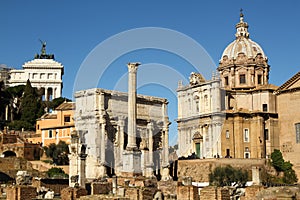 Historical buildings in the Roman Forum in Rome, Italy on a sunny day