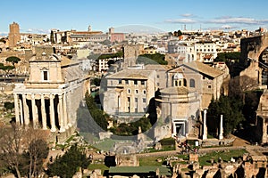 Historical buildings in the Roman Forum in Rome, Italy on a sunny day