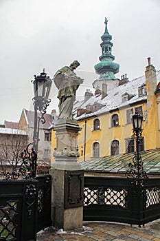 Historical buildings and statue - historical centre of Bratislava, capital of Slovakia