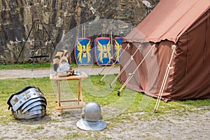 Historical campsite battlefield tent with armor