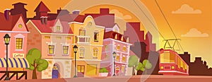 Historical cartoon city street on sunrise or sunset. Old city banner with tram. Vector illustration.