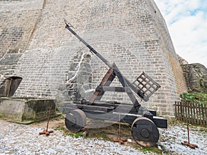 Historical catapult from the Hussite wars. Hrad Kost, Czechia