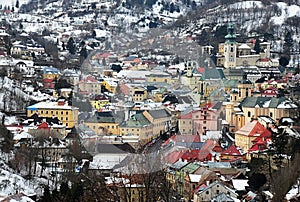Historical center of Banska Stiavnica as seen from eastern hill near calvary, during winter season 2018