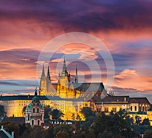 Historical center of Prague durin beautiful sunset with castle, Czech Republic