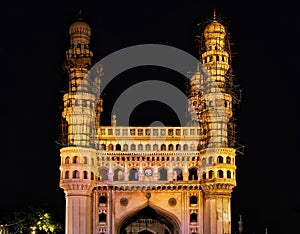 Historical charminar front view at night and ancient magnificent architecture