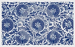 Historical chinese hand-drawn ornamental floral pattern. Blue colored illustration after a 19th century etching