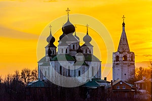 Historical Church, resurrection Cathedral in Starocherkassk. Sunset sky above the Church. Beautiful domes. 1706-1719