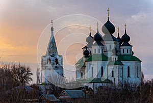 Historical Church, resurrection Cathedral in Starocherkassk. Sunset sky above the Church. Beautiful domes. 1706-1719