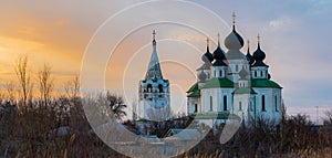 Historical Church, resurrection Cathedral in Starocherkassk. Sunset sky above the Church. Beautiful domes. 1706-1719