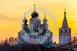 Historical Church, resurrection Cathedral in Starocherkassk. Sunset sky above the Church. Beautiful domes. 1706-1719