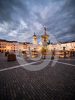 Historical city Ceske Budejovice in the Czech Republic in the evening after summer rain