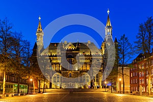 Historical city hall in Aachen, Germany, at night