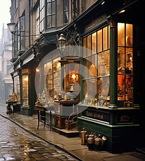 Historical Cobblestone Street with Vintage Shops at Twilight