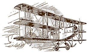 Historical commercial single-engine tractor triplane flying in a cloudy sky. Illustration on a blue background after a lithography