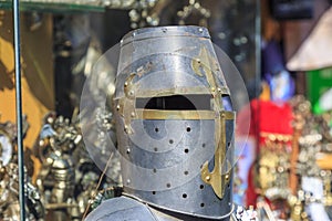 Historical Crusader`s helmet in Rhodes island, Greece