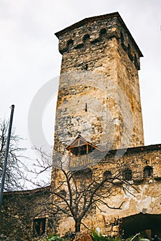 Historical defensive towers of Mestia - townlet in the highlands of Upper Svaneti province in the Caucasus Mountains.