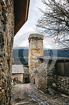 Historical defensive towers of Mestia - townlet in the highlands of Upper Svaneti province in the Caucasus Mountains. streets of M