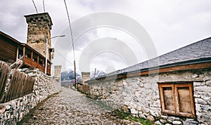 Historical defensive towers of Mestia - townlet in the highlands of Upper Svaneti province in the Caucasus Mountains. streets of M