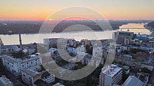 Historical district of Kyiv - Podil in the morning at dawn. Ukraine. Aerial view