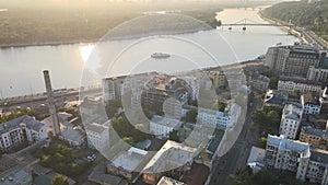 Historical district of Kyiv - Podil in the morning at dawn. Ukraine. Aerial view