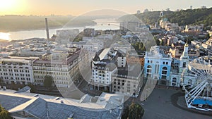 Historical district of Kyiv - Podil in the morning at dawn. Ukraine. Aerial view