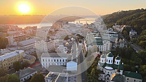 Historical district of Kyiv - Podil in the morning at dawn. Ukraine. Aerial view