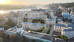 Historical district of Kyiv - Podil in the morning at dawn. Ukraine. Aerial view