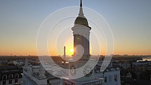 Historical district of Kyiv - Podil in the morning at dawn. Ukraine. Aerial view